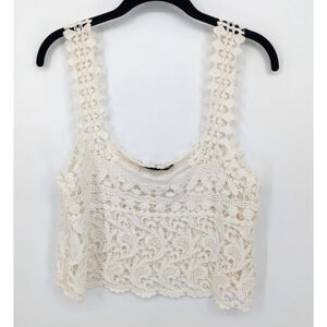 Dulcie Tank Top Womens Medium Ivory Crochet Sheer Cropped Lace Boho Festival‎